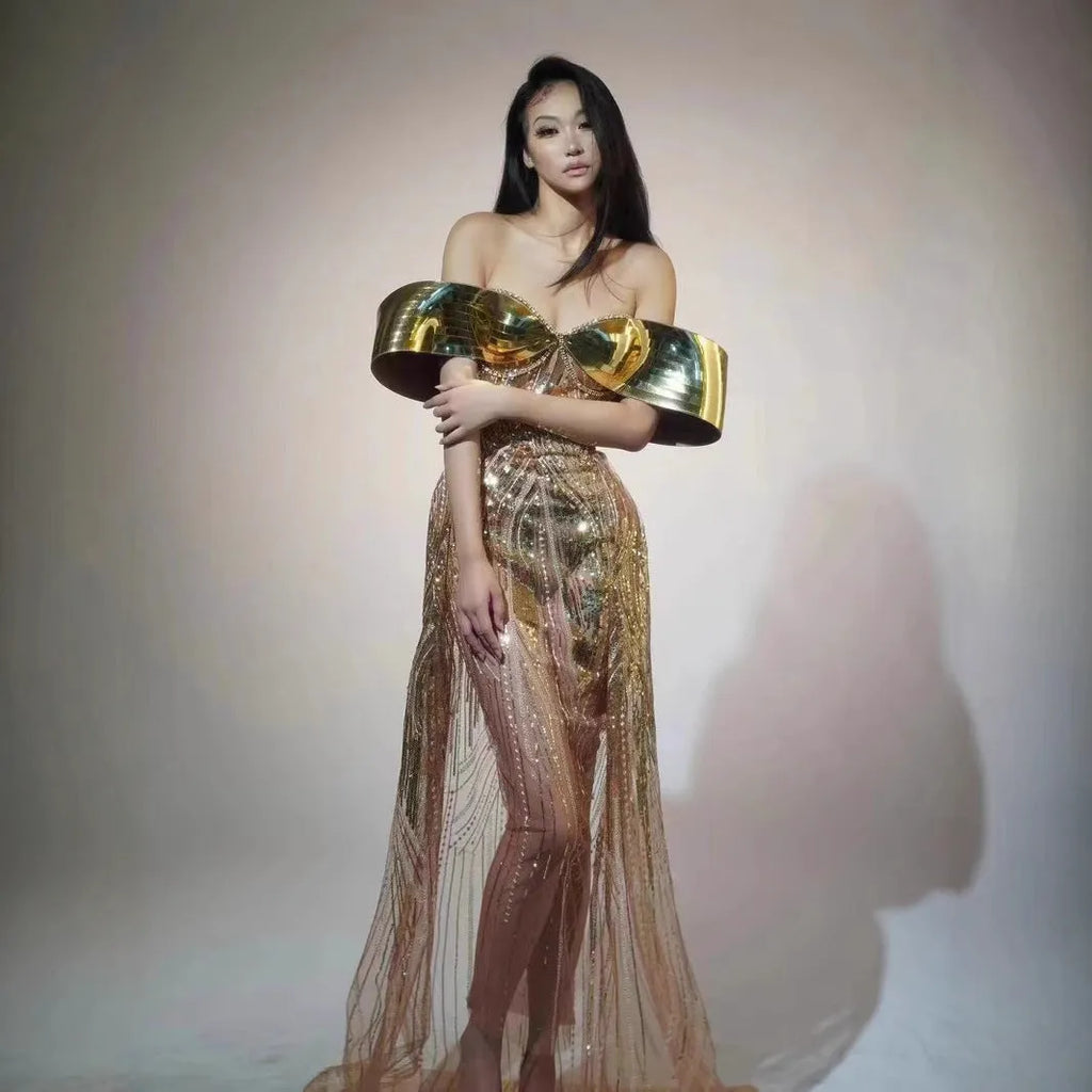 Gold strapless sequin evening dress with side split long skirt and tulle detail