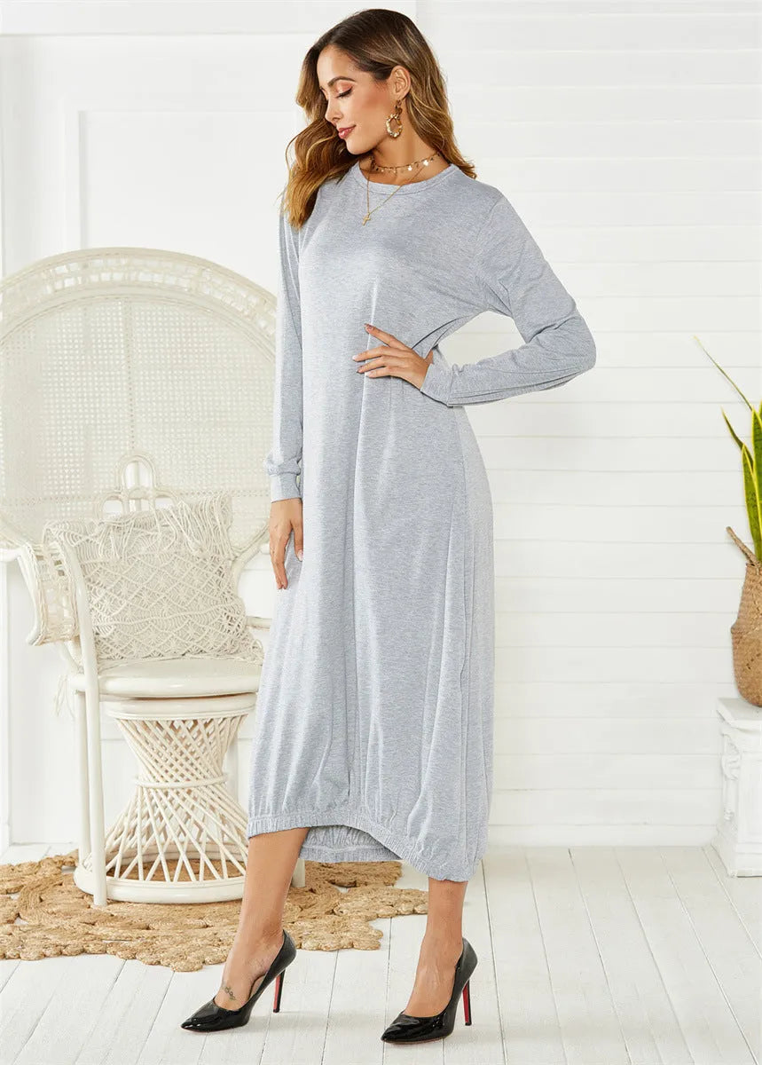 Black loose lace-up crew neck lantern dress with thread accents on hanger