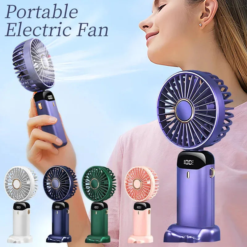 USB rechargeable mini portable fan in blue with 5 speed settings and digital display