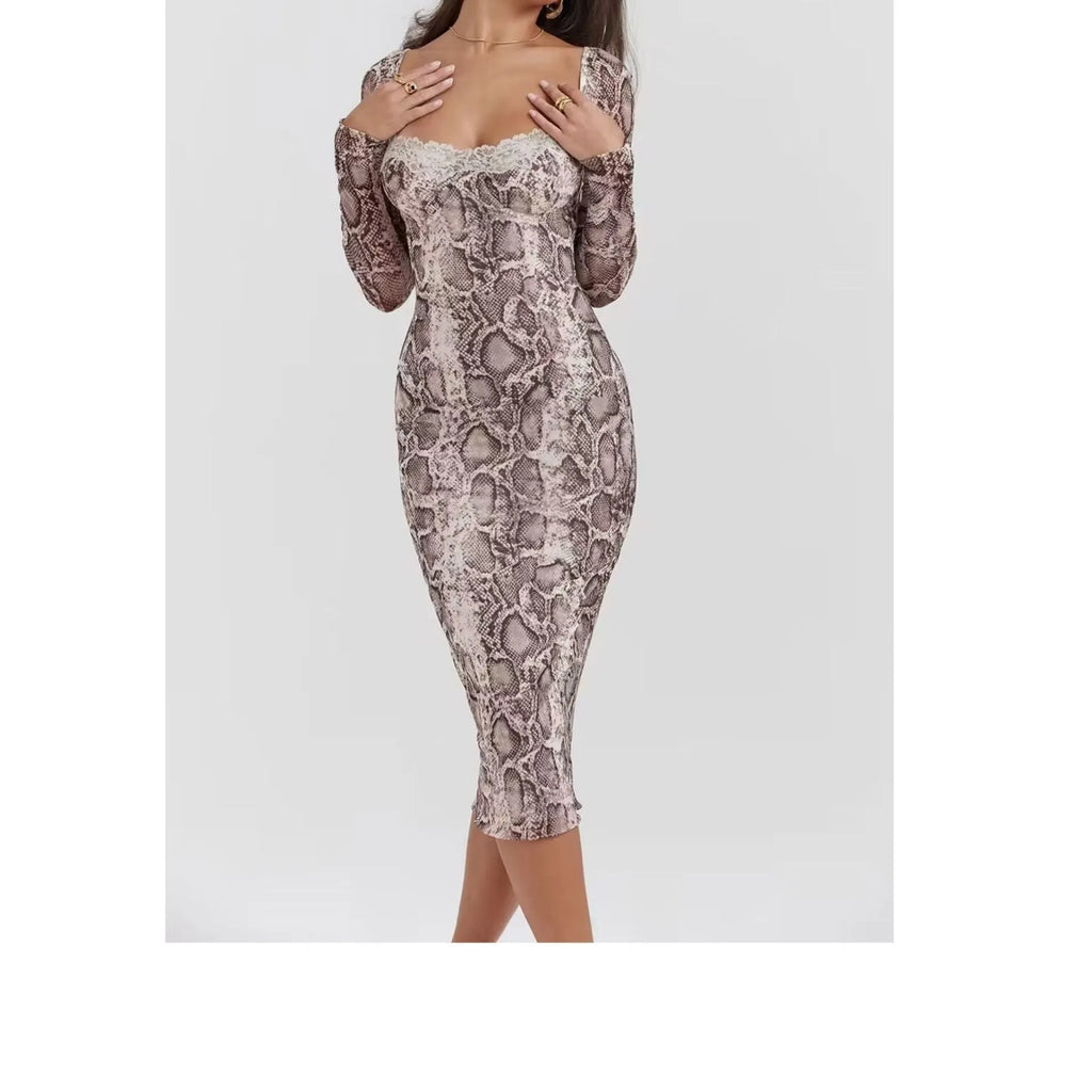Grey slim fit lace dress with long sleeves, A-line skirt, and 3D digital print pattern.