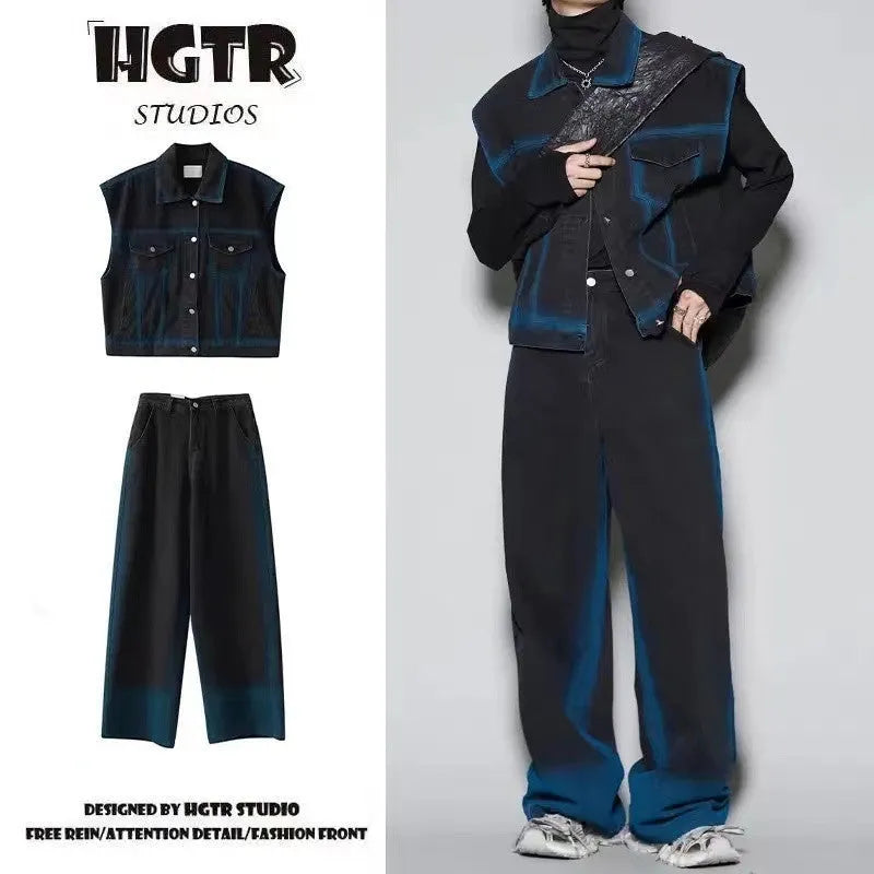 Blue distressed vest and jeans two-piece suit with spray colour gradient and fleece lining.