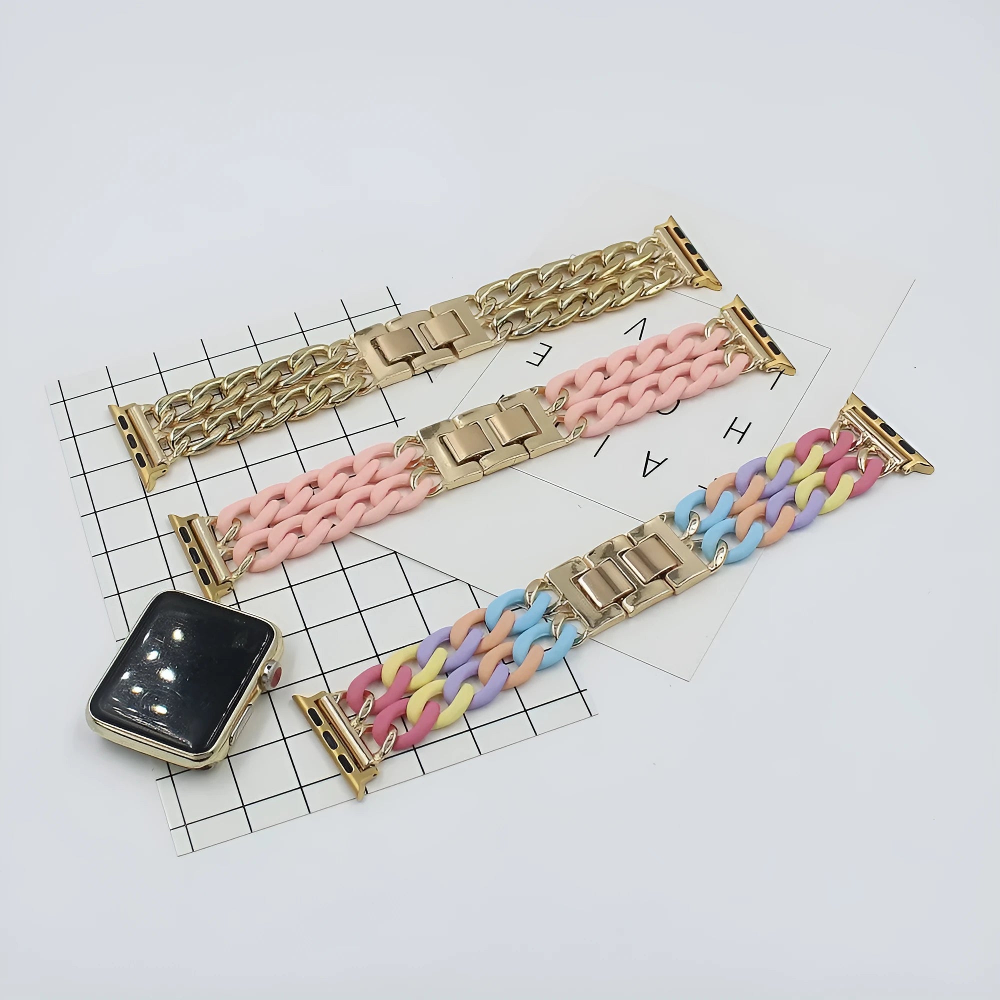 Resin splicing metal denim chain watch strap in multiple colours for 38mm 42mm smartwatches