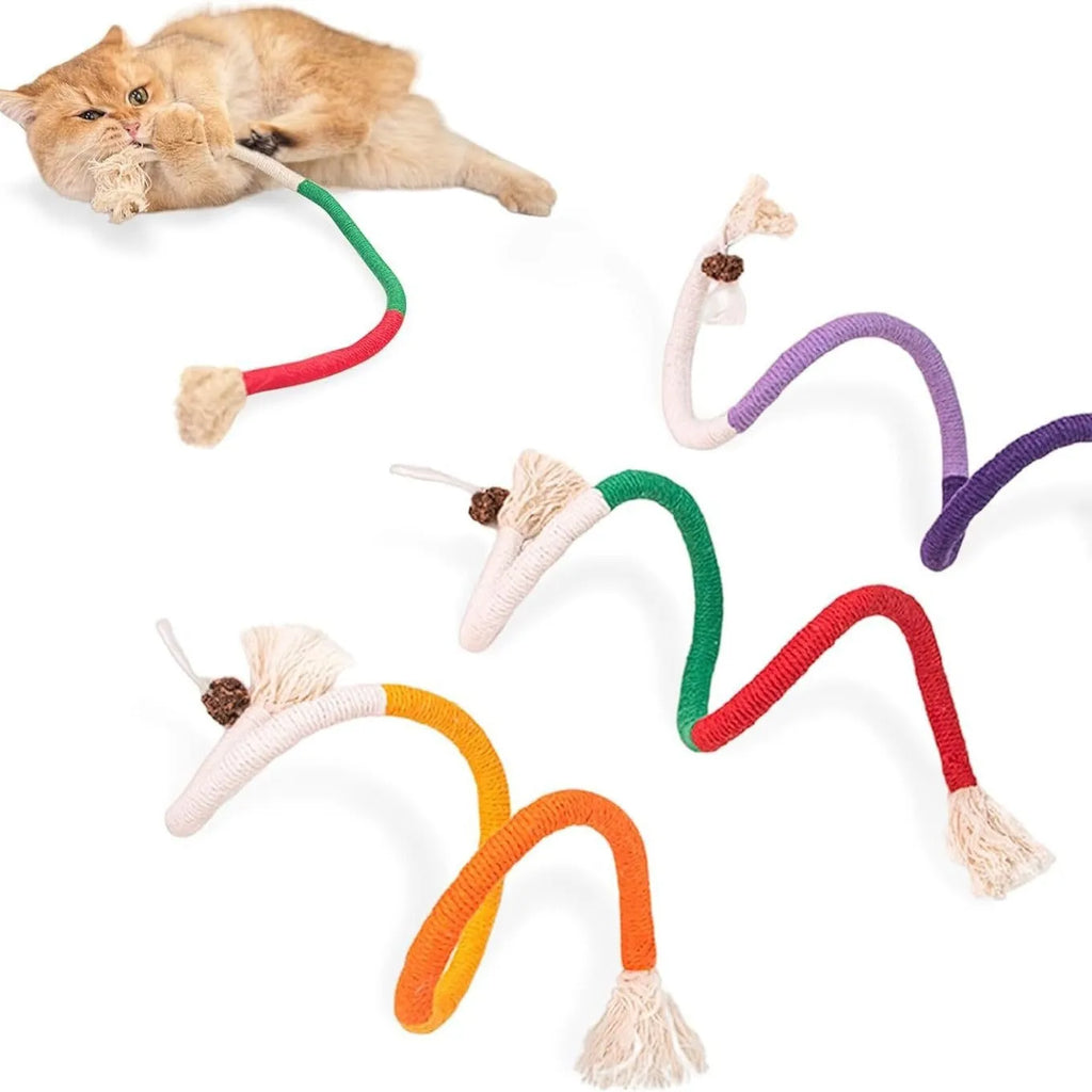 70cm long cat bite rope toy in colours purple, orange, and red with green, made of cotton string.