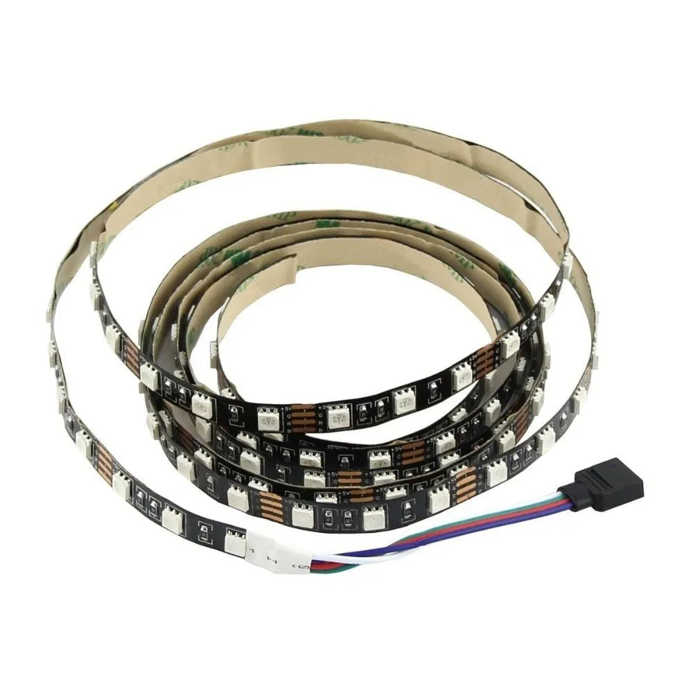 A flexible one-metre-long USB LED light strip showing multiple SMD5050 LEDs, coiled next to its USB plug.