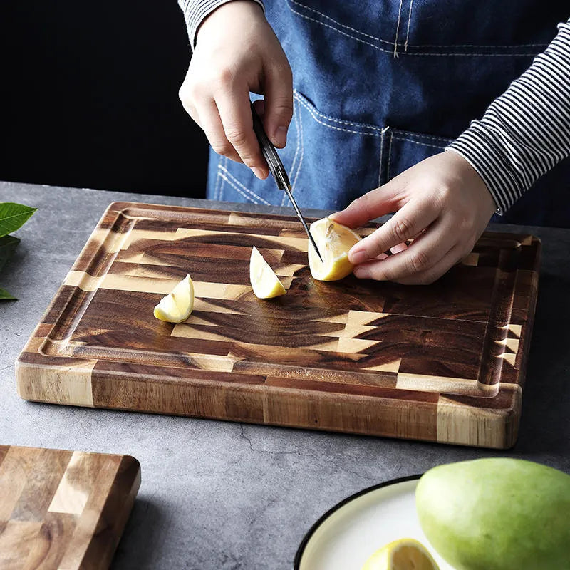Brown solid wood cutting board with parquet construction and 3cm thickness for kitchen food preparation