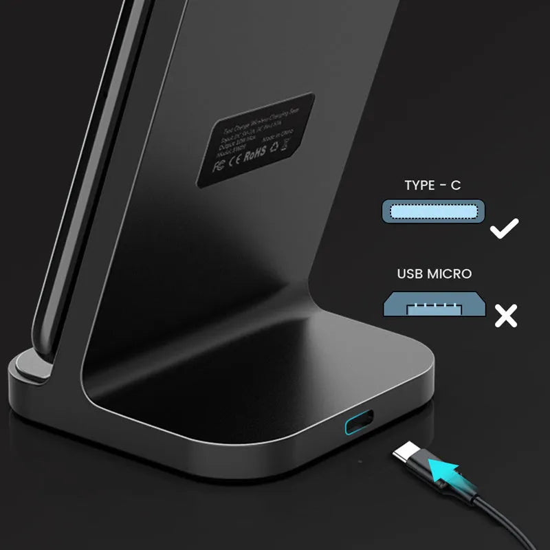 Dark grey vertical wireless charging station for smartphones with aluminium construction