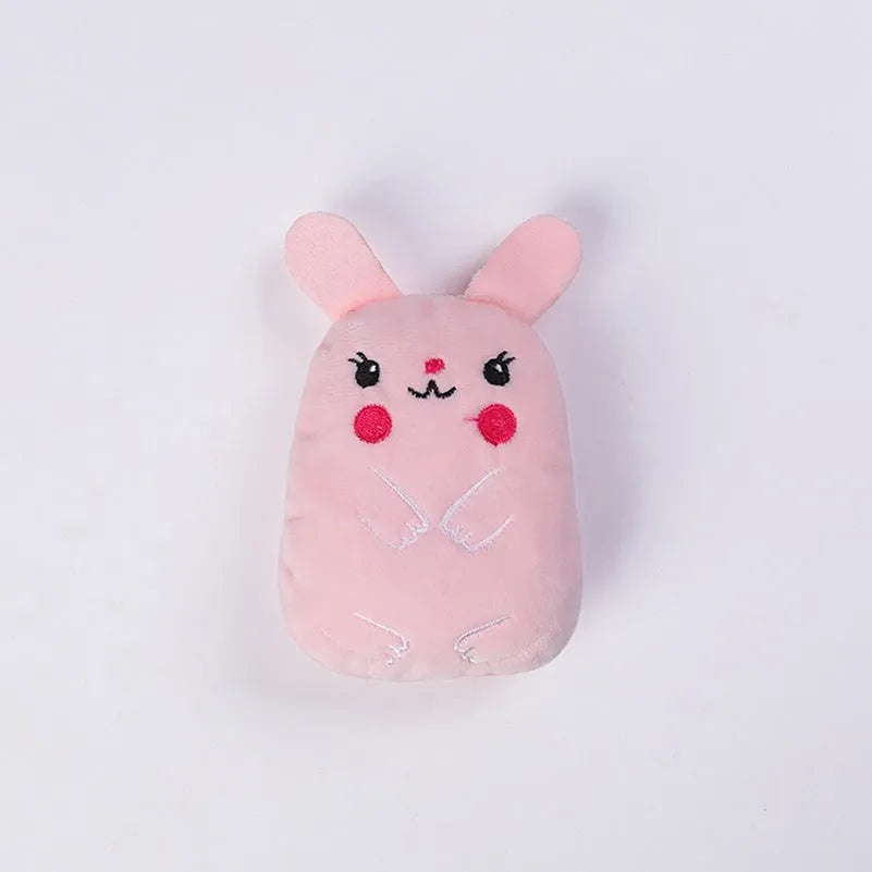 Small plush catnip toy with vocal feature for feline teeth grinding and claw play