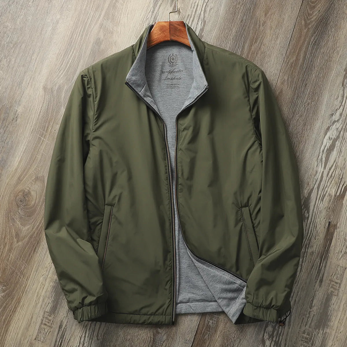 Men's stand collar jacket in polyester blend available in Army Green, Black, Blue and Orange colours
