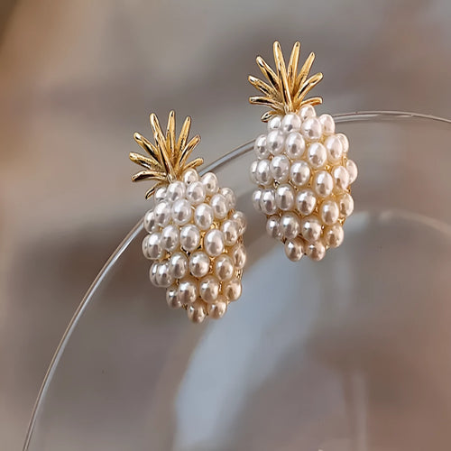 Korean-style alloy fruit earrings with inlaid stones in gold, pearl flower, silver, or starfish pearl finishes.