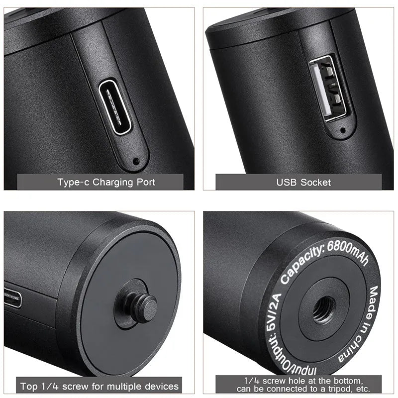 Black aluminium alloy portable power bank with built-in handle showing 6800mAh capacity