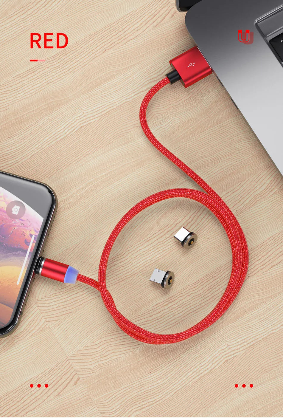 Magnetic USB fast charging cable with LED indicator in black or red colour