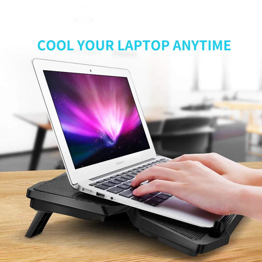 Blue computer cooling base with four LED fans and USB ports for desktop heat dissipation
