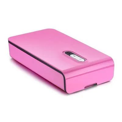 Blue UV phone steriliser box with touch control and open lid showing disinfection chamber.