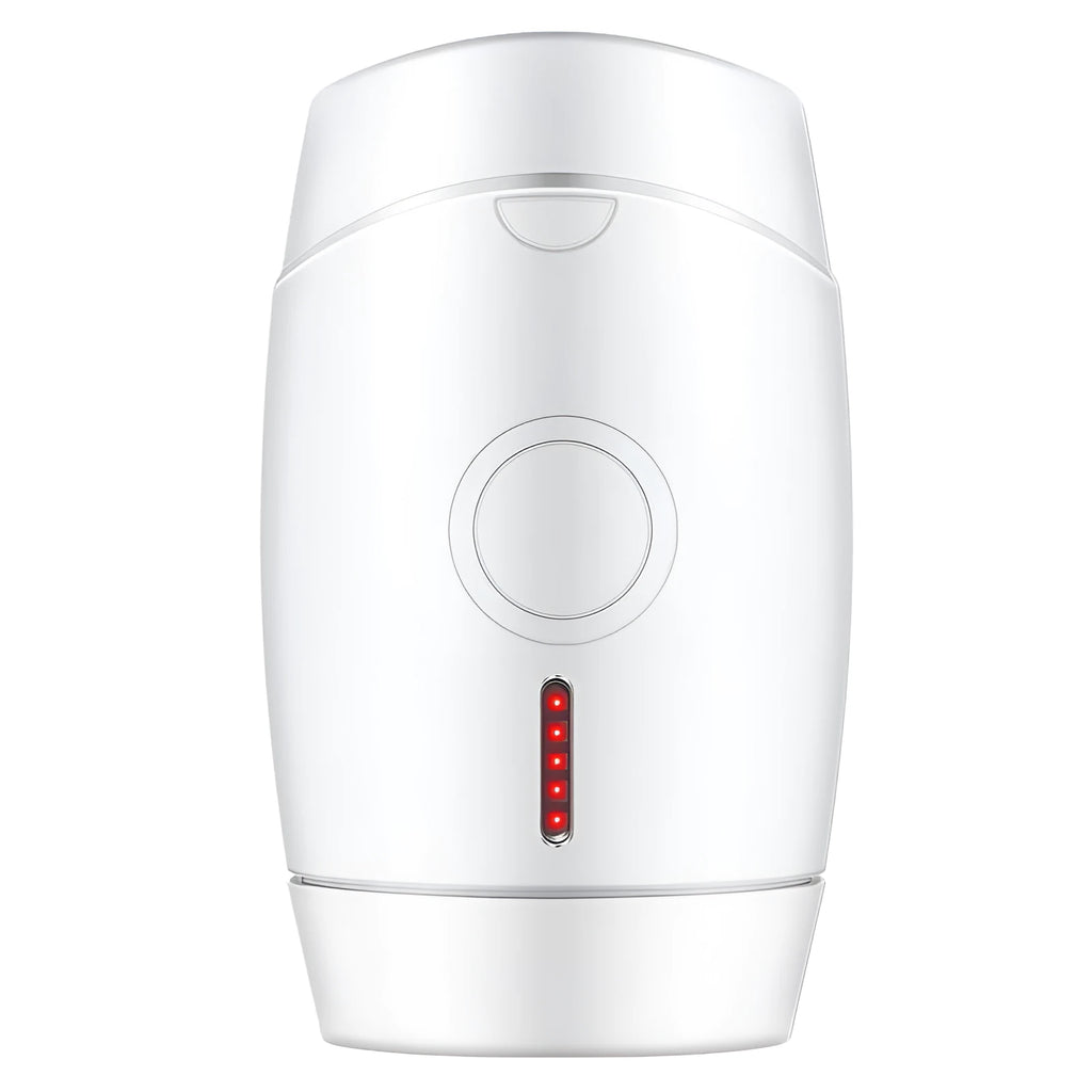 White home laser hair removal device with display screen and attachment head on a white background.
