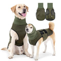 Army green dog anxiety jacket on medium-sized dog showing calming pressure design