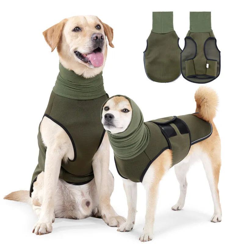 Army green dog anxiety jacket on medium-sized dog showing calming pressure design