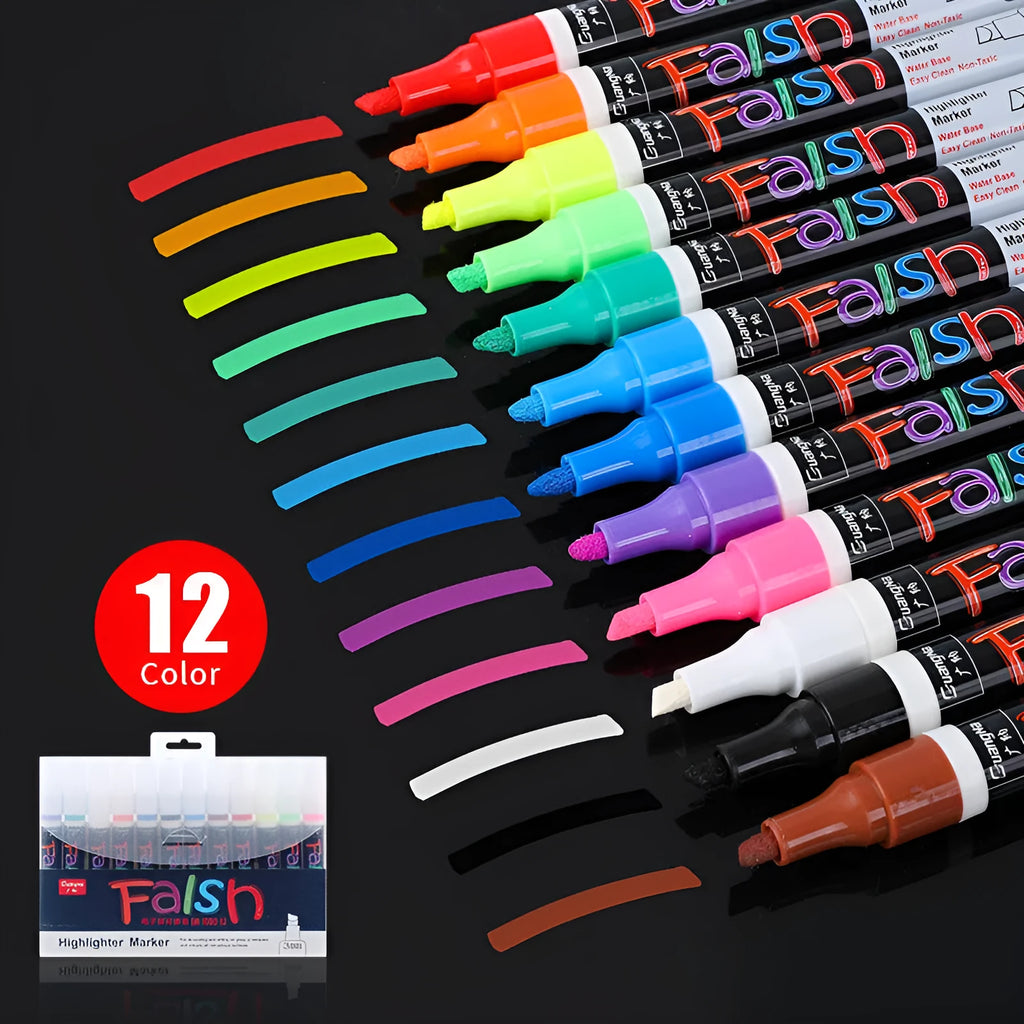 Electronic fluorescent board highlighter with oblique plastic body and a 6mm tip, shown with multi-colour refill options.