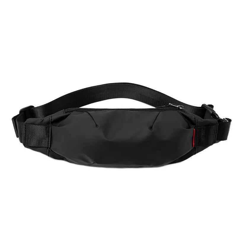 Men's black Oxford cloth crossbody waist pack showing interior phone and ID pockets