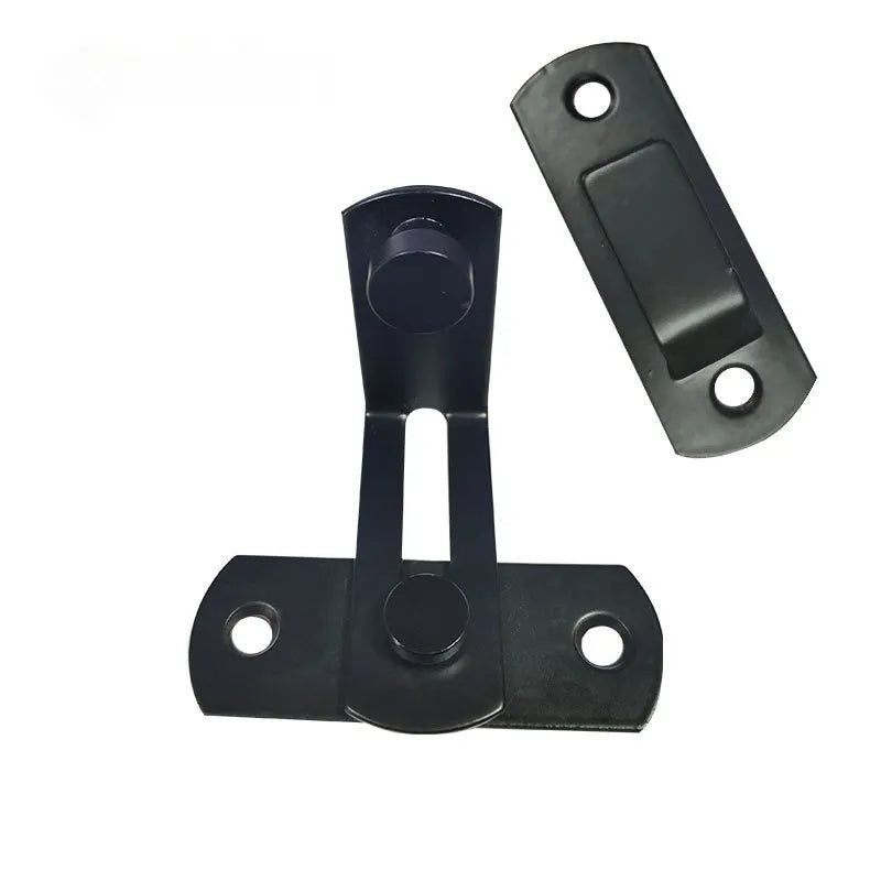 Black carbon steel and stainless steel 90-degree warehouse hook lock with flat shackle for sliding doors.