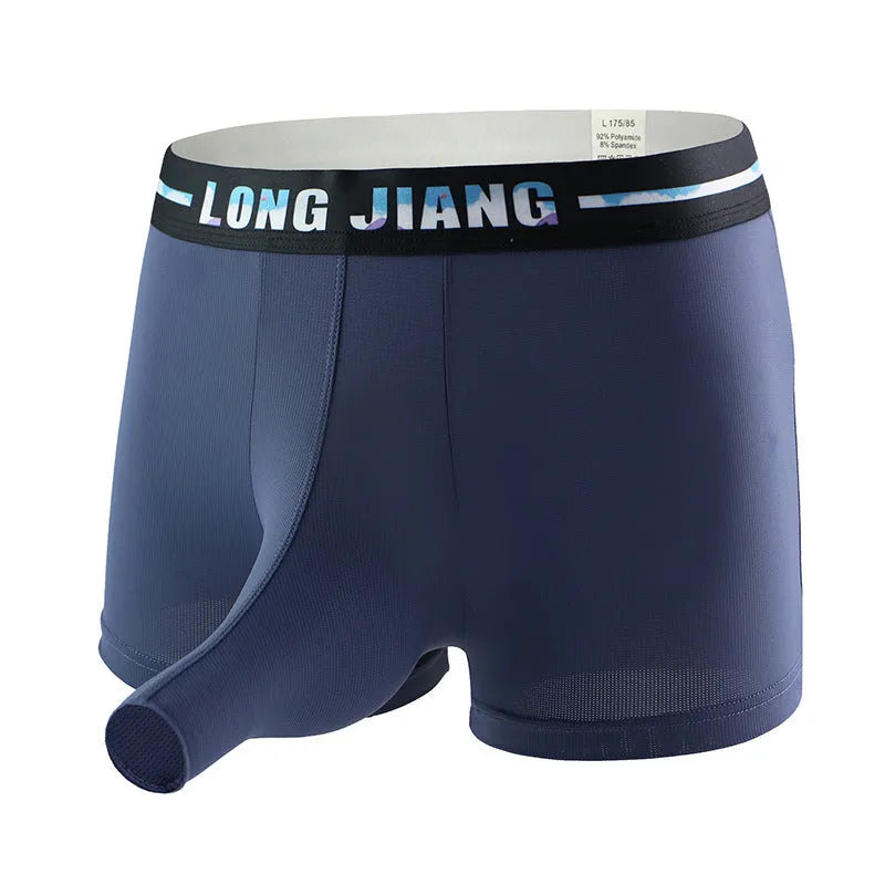 Men's ice silk trunk open boxer shorts in multiple solid colours showing mid waist fit.