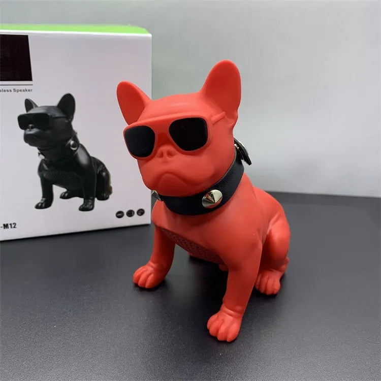 Mini bulldog-shaped Bluetooth speaker in black, red or white colours with wireless audio functionality