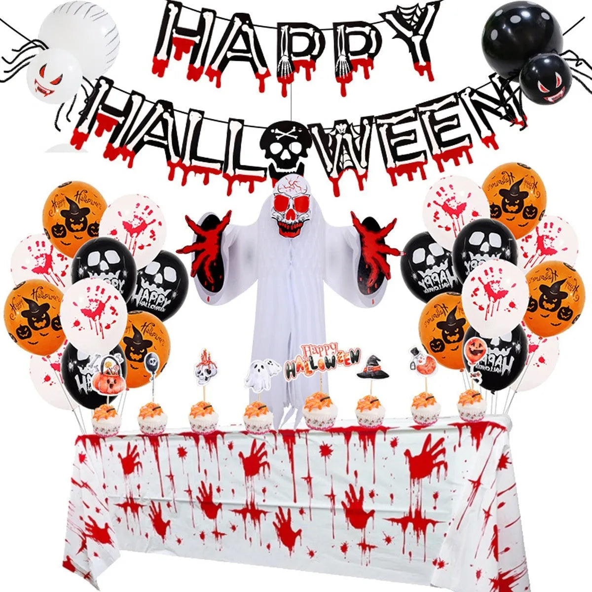 Halloween spider balloon arch decoration set with black and white latex skull and pumpkin designs