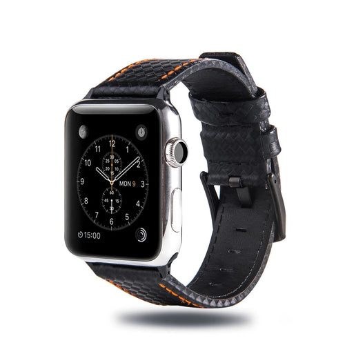 Carbon fibre pattern leather Apple Watch strap case in black, blue, orange, and red colour options.