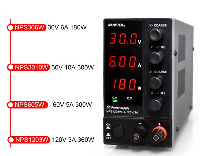 White adjustable DC power supply unit with digital display, model S605W, for electronics repair.