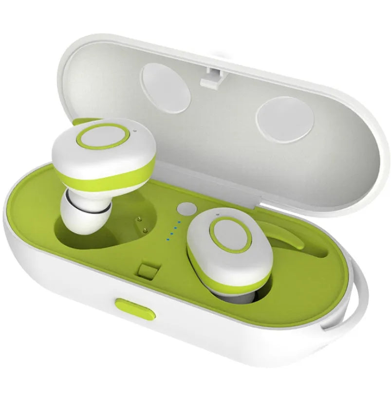Wireless Bluetooth sports earbuds in black, green, red, and white colours showing in-ear design.