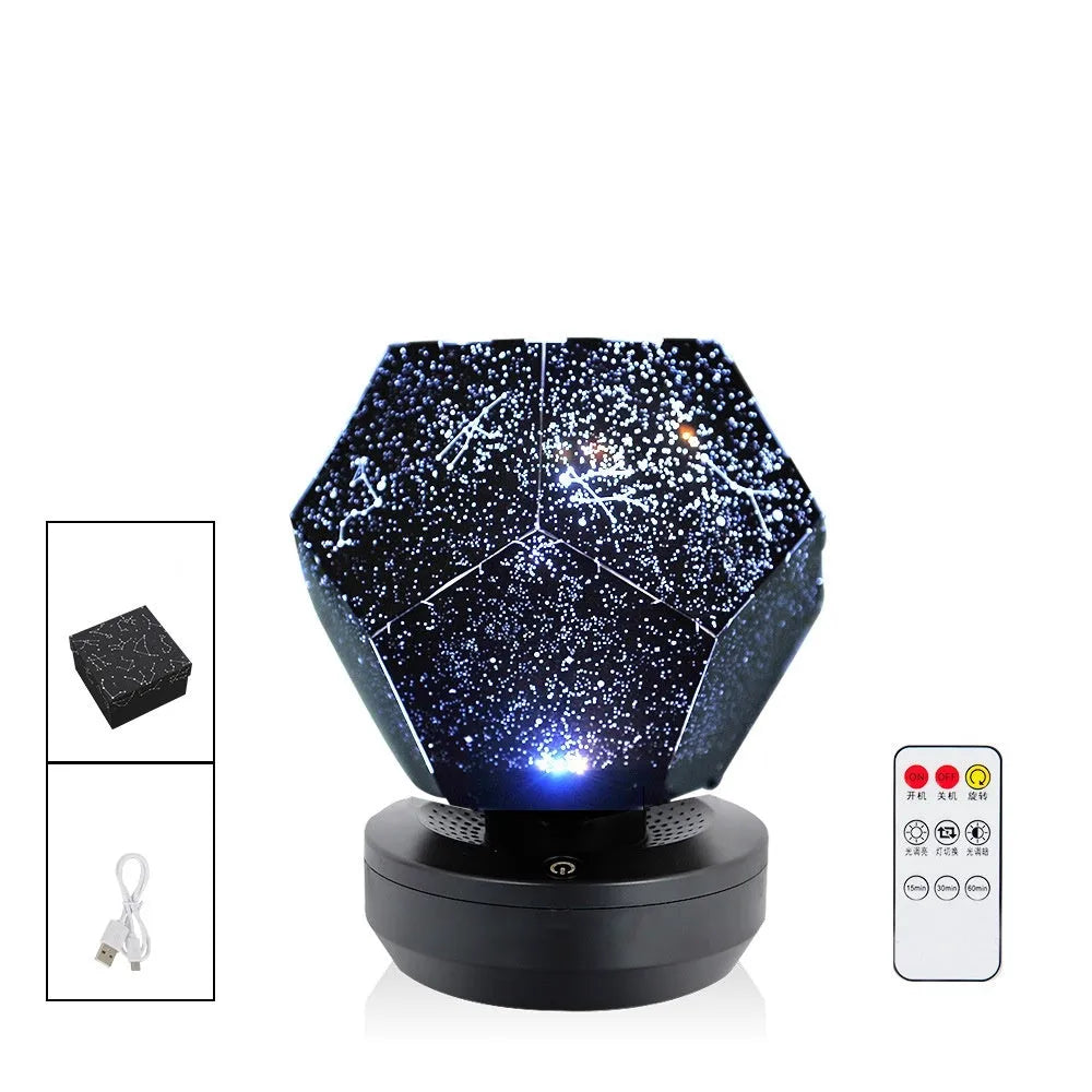 LED star projector night light showing constellation projection on a bedroom ceiling with remote control.