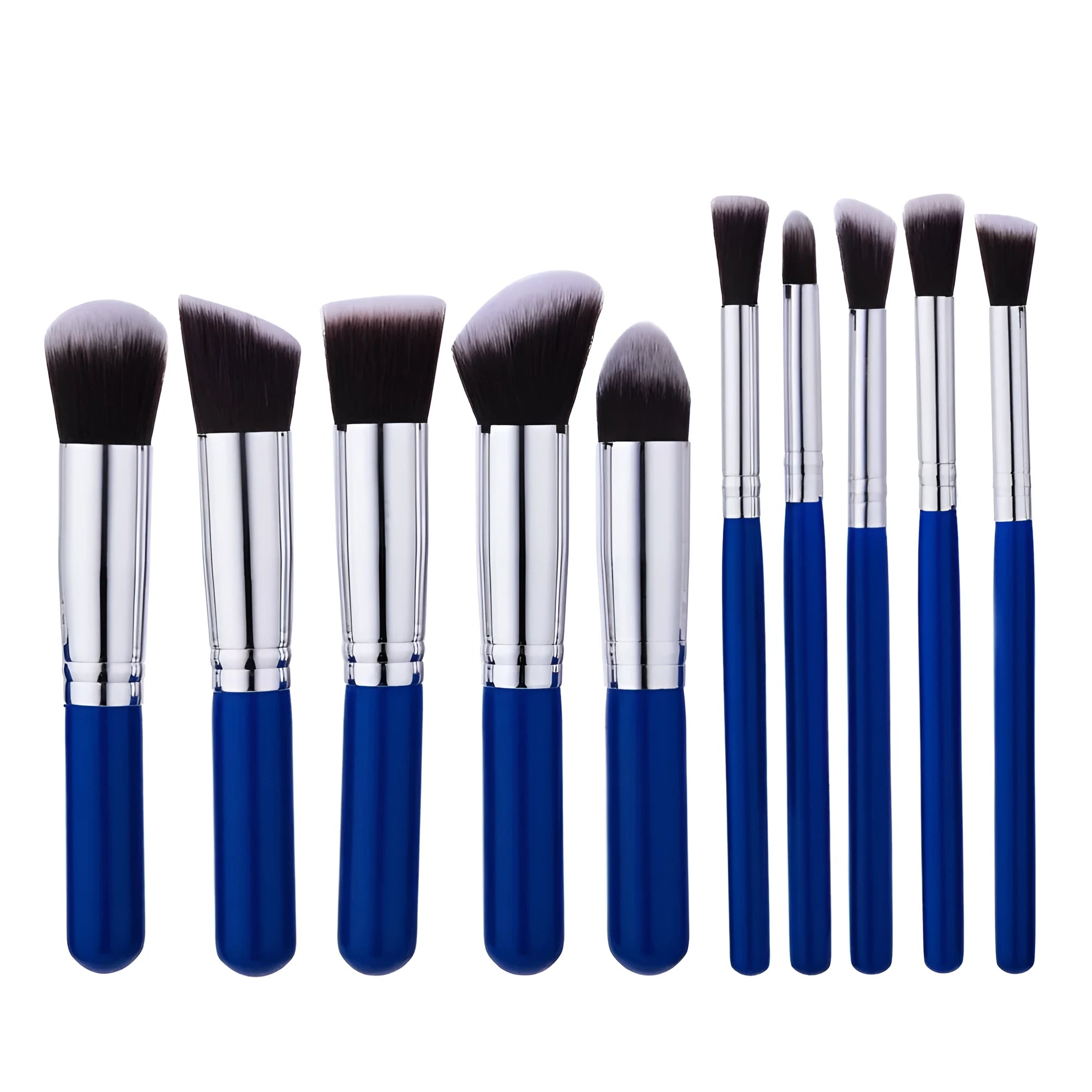 10-piece nylon makeup brush set with wooden handles in blue silver mini size