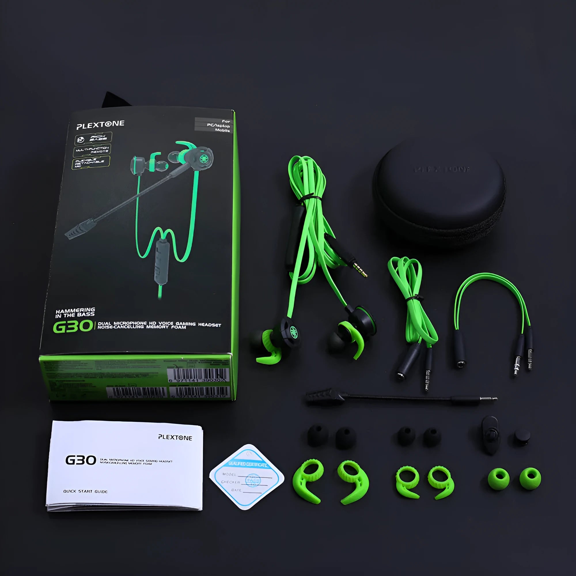 Shuangmai wired in-ear computer gaming headset in black, green, and red colours with 1.5 cm cable