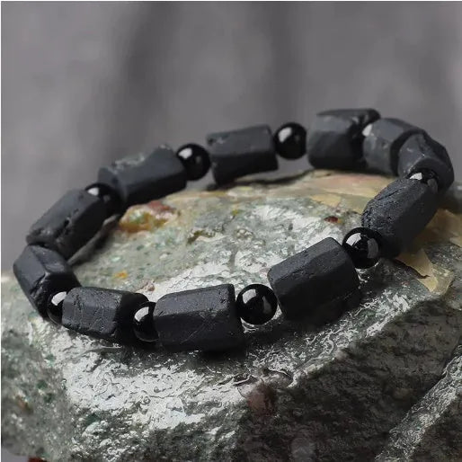 Natural black tourmaline rough stone unisex bracelet with adjustable clasp