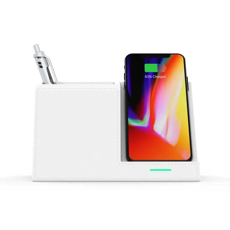 Black leather wireless charging desk organiser with pen holder and phone stand at 45-degree angle
