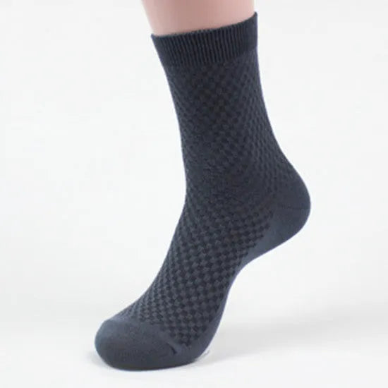 Men's bamboo fibre business socks with small square pattern, shown in colour options including black and navy blue.