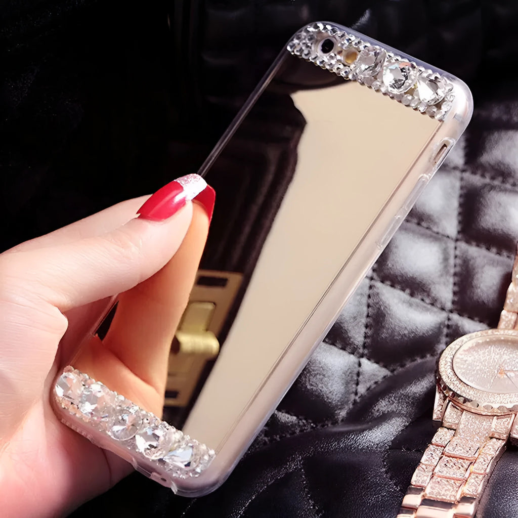 Gold rhinestone decorative silicone back cover case on a Huawei P30 Pro mobile phone.