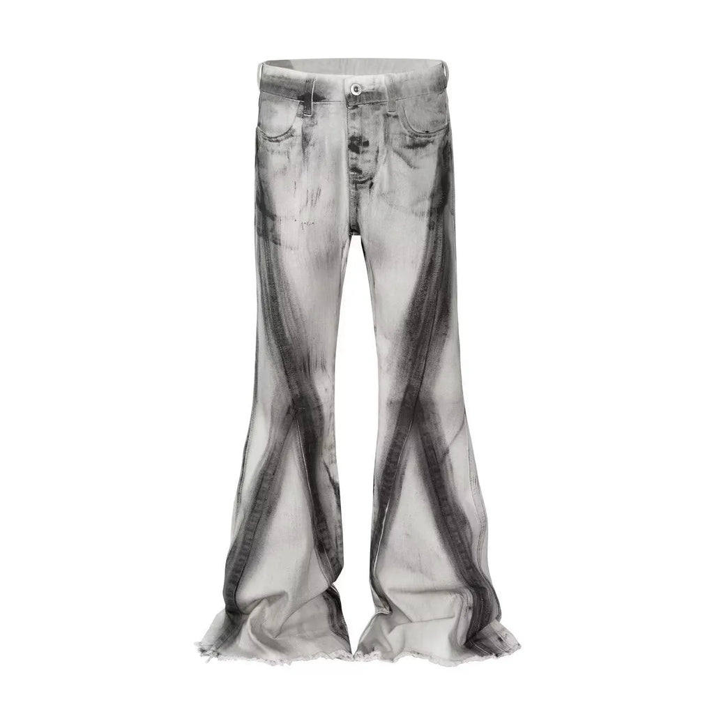White heavy rough selvedge jeans with black ribbon gradient detailing and mid waist fit