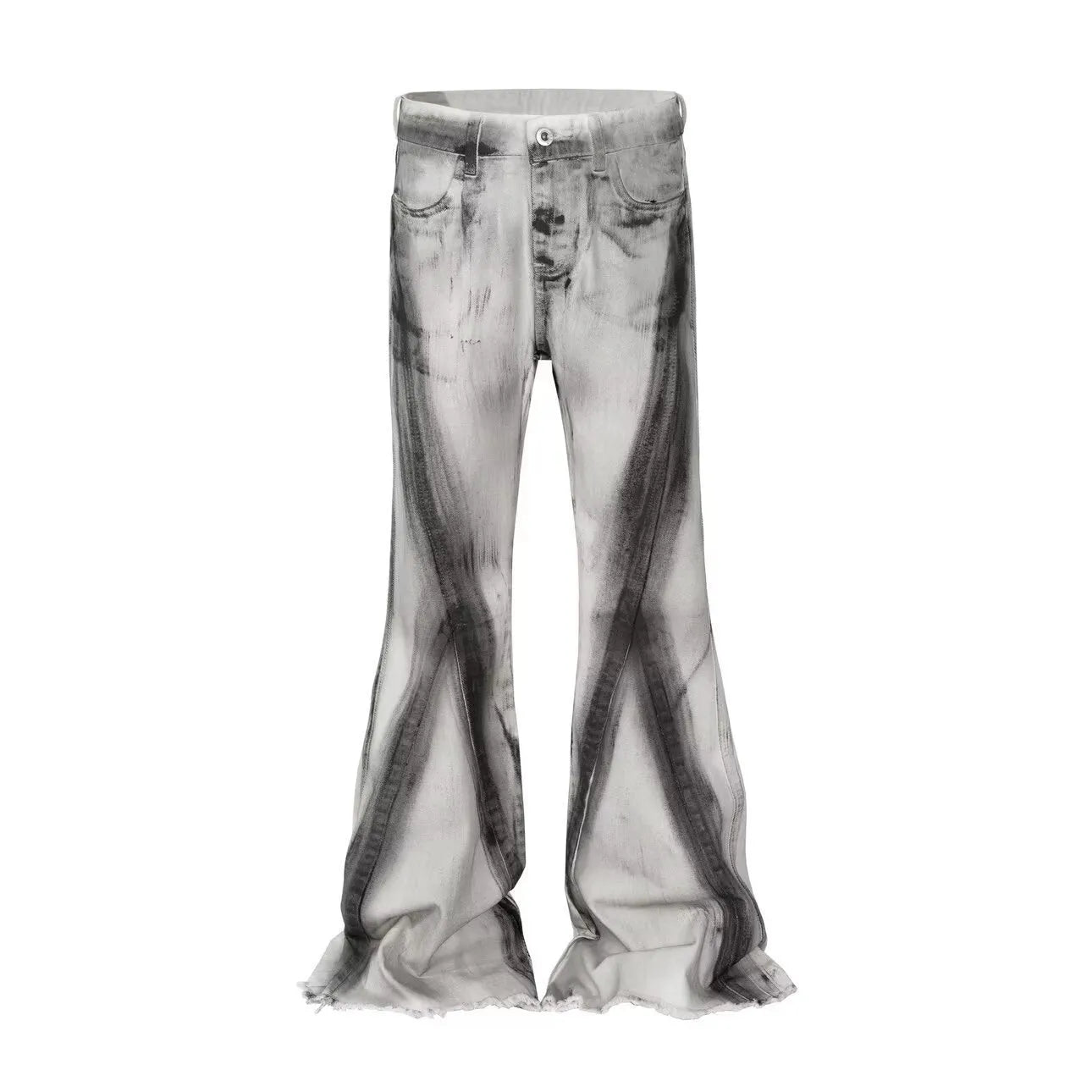 White heavy rough selvedge jeans with black ribbon gradient detailing and mid waist fit