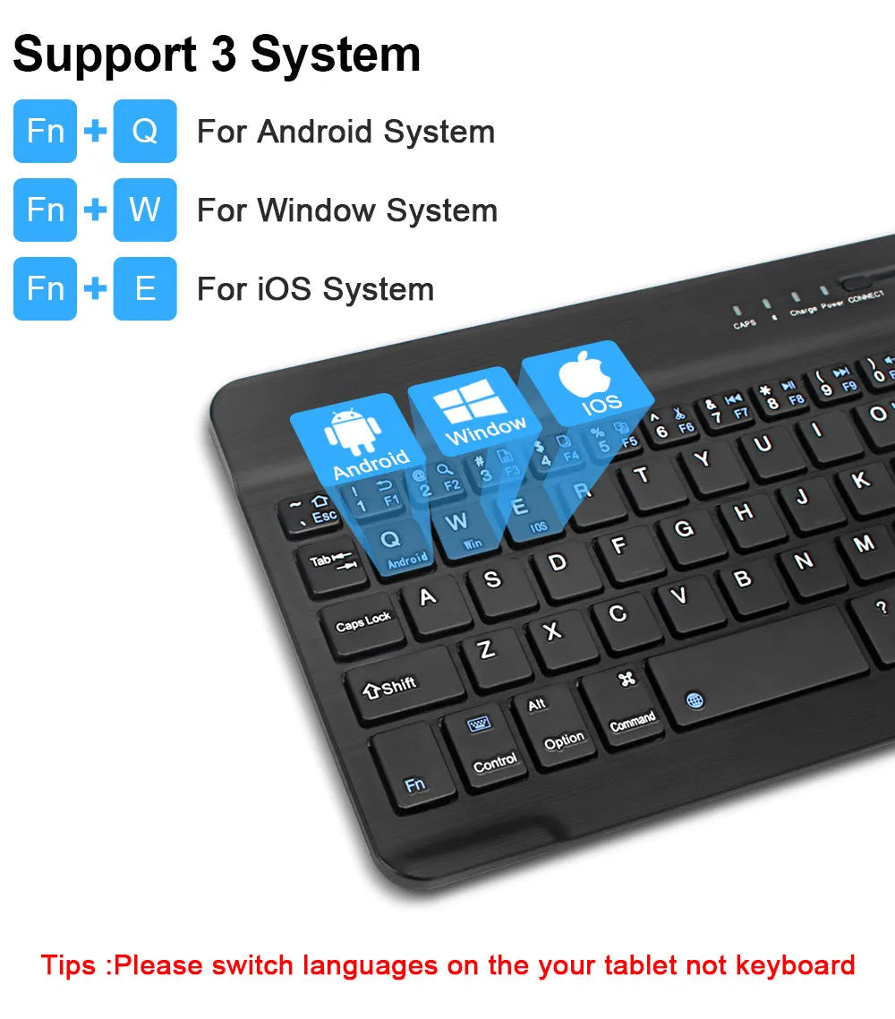 Mini Bluetooth wireless keyboard in black or white for tablets with 10m range and 44h battery life