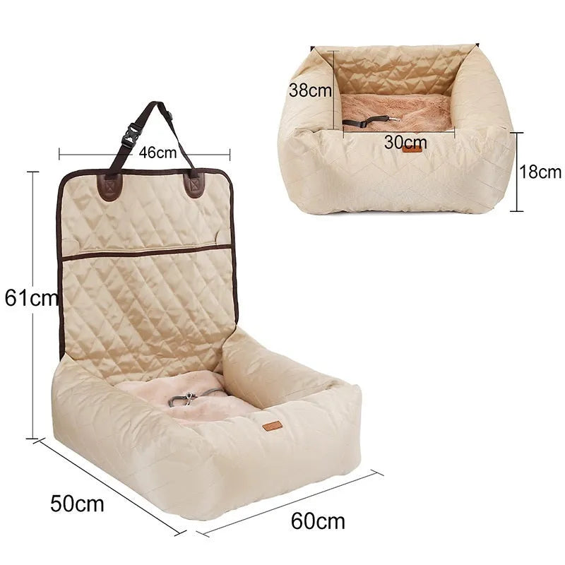 Pet dog carrier folding car seat pad in beige with thickened padding, 60x50x61 cm, non-slip Oxford cloth base
