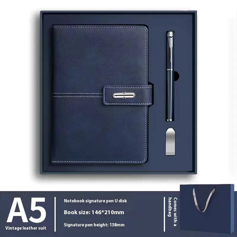 Customisable A5 notebook with PU leather cover in choice of colours, featuring wood-free paper.