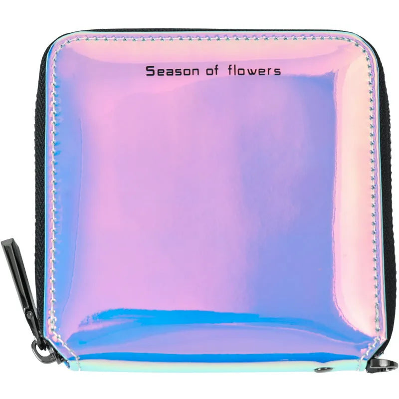 Women's Korean style short folding wallet in glitter blue or green colours showing compact 11cm dimensions