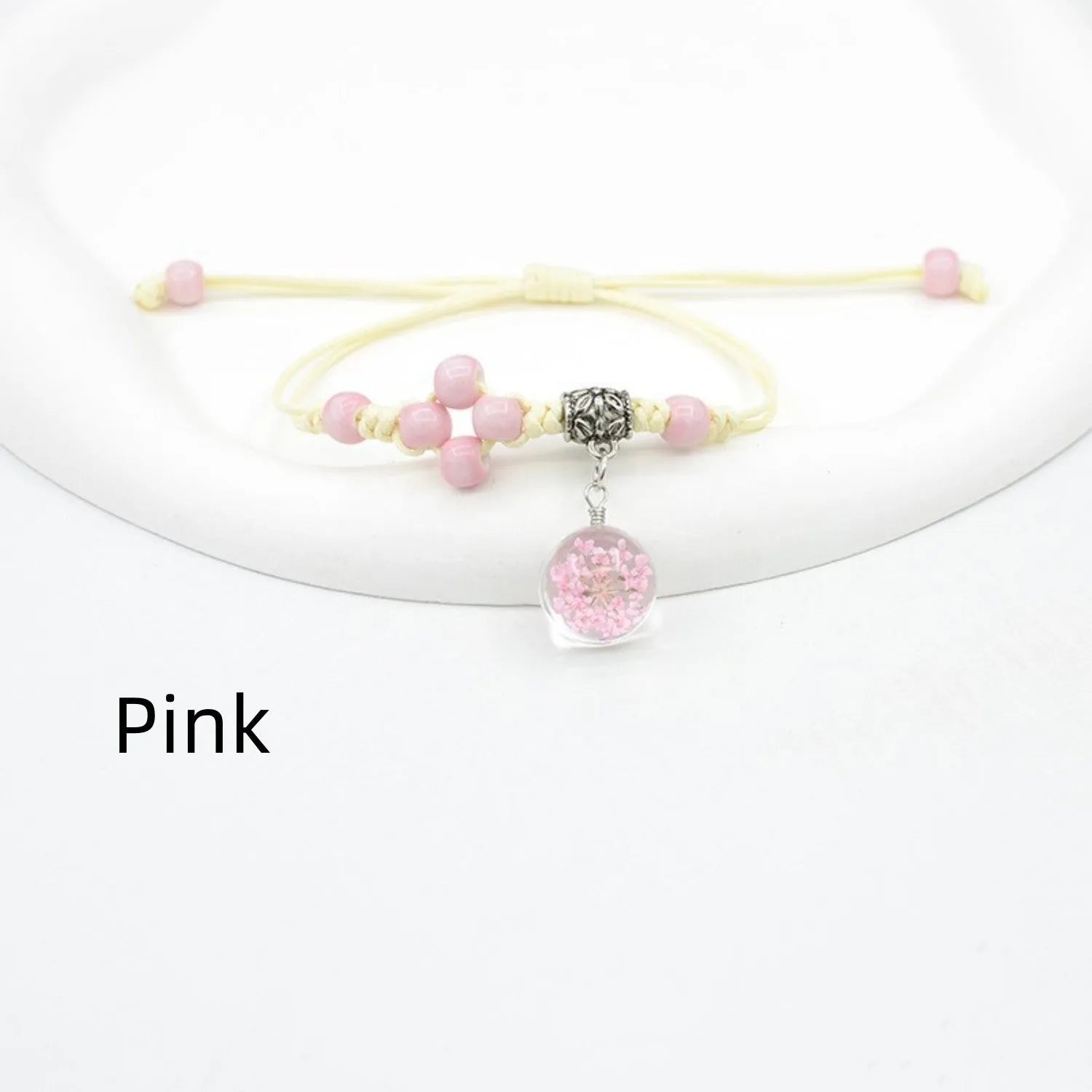 Hand-woven glass bracelet with real dried flowers inside large 1.4cm colored beads for women
