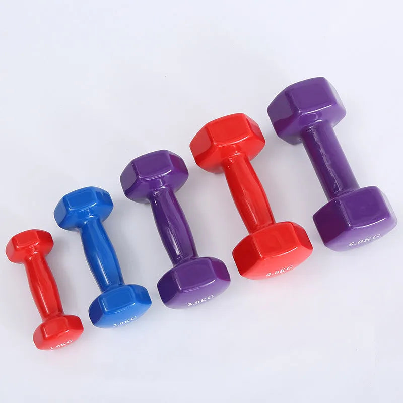 Bright coloured plastic-coated fitness dumbbells in multiple weights for home exercise