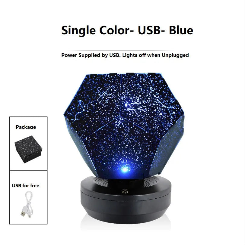 LED star projector night light showing constellation projection on a bedroom ceiling with remote control.
