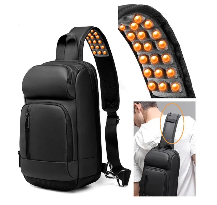 Black PVC outdoor shoulder bag showing computer pocket, air cushion strap, and organisational compartments
