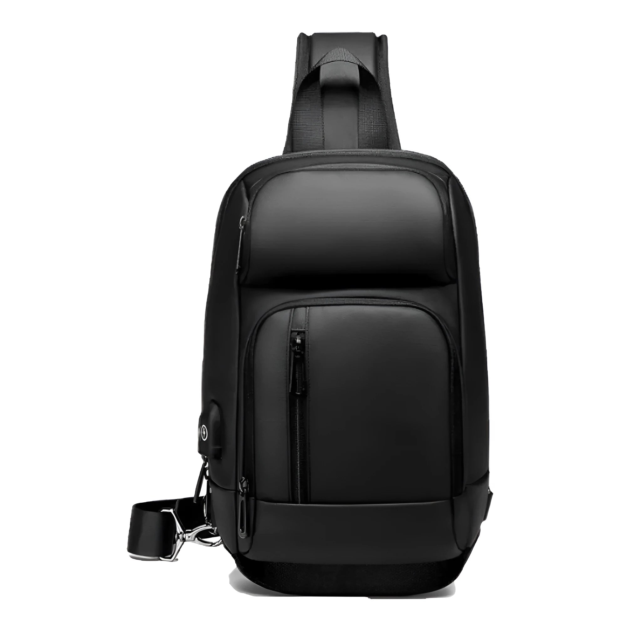 Black PVC outdoor shoulder bag showing computer pocket, air cushion strap, and organisational compartments