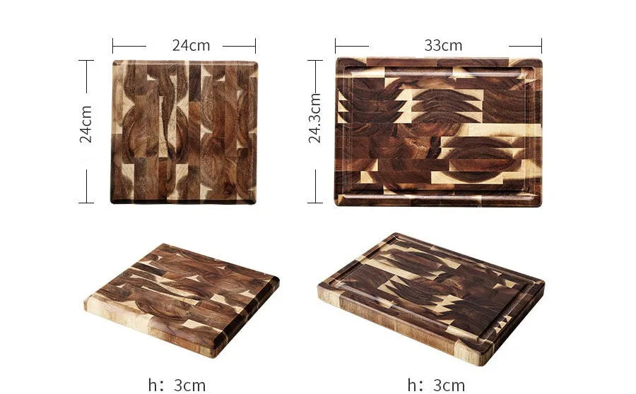 Brown solid wood cutting board with parquet construction and 3cm thickness for kitchen food preparation