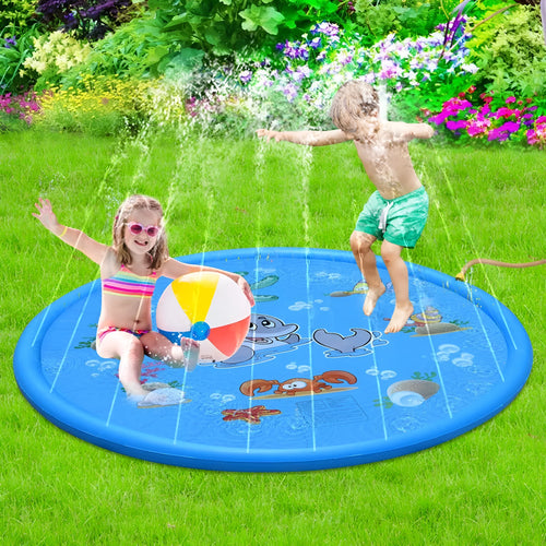 Children's water spray play mat with marine animal designs for outdoor garden use