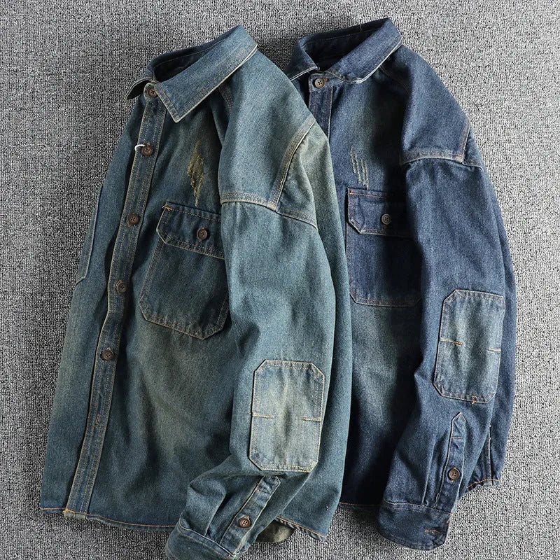 Men's washed vintage denim shirt in light blue loose fit cardigan style